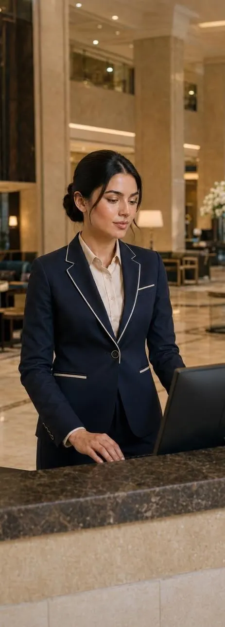 Person wearing a dark uniform at a hotel reception