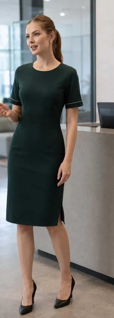 Woman wearing a dark uniform dress at a reception