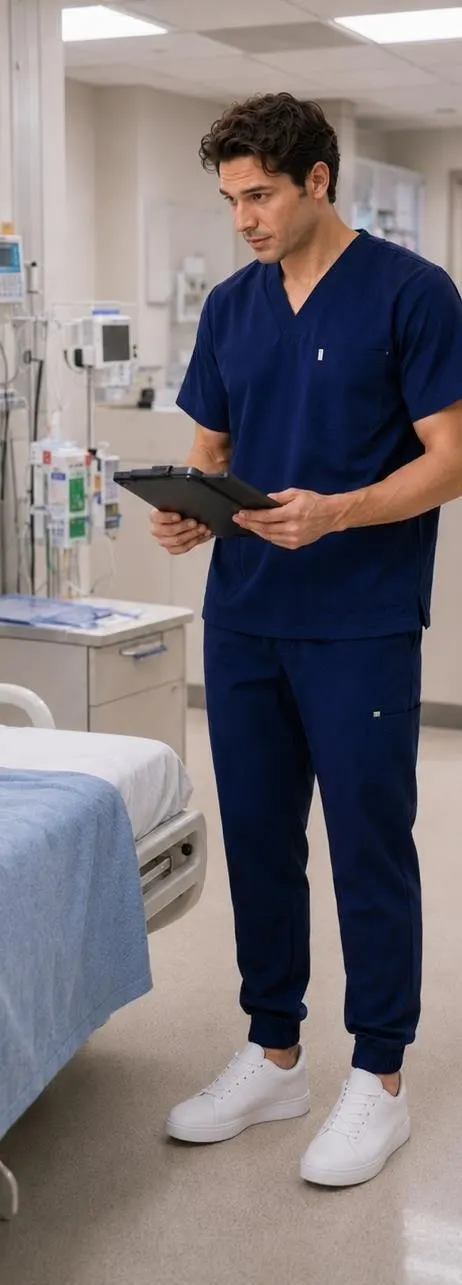 Person wearing navy scrubs and holding a tablet in a clinical room