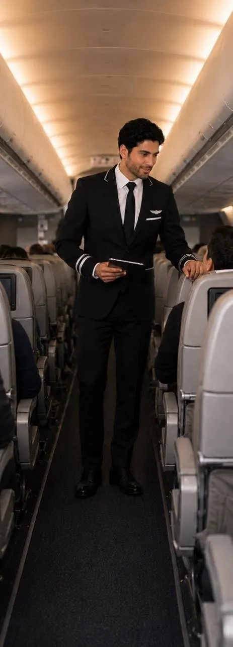 Person wearing a dark uniform jacket in an aircraft cabin